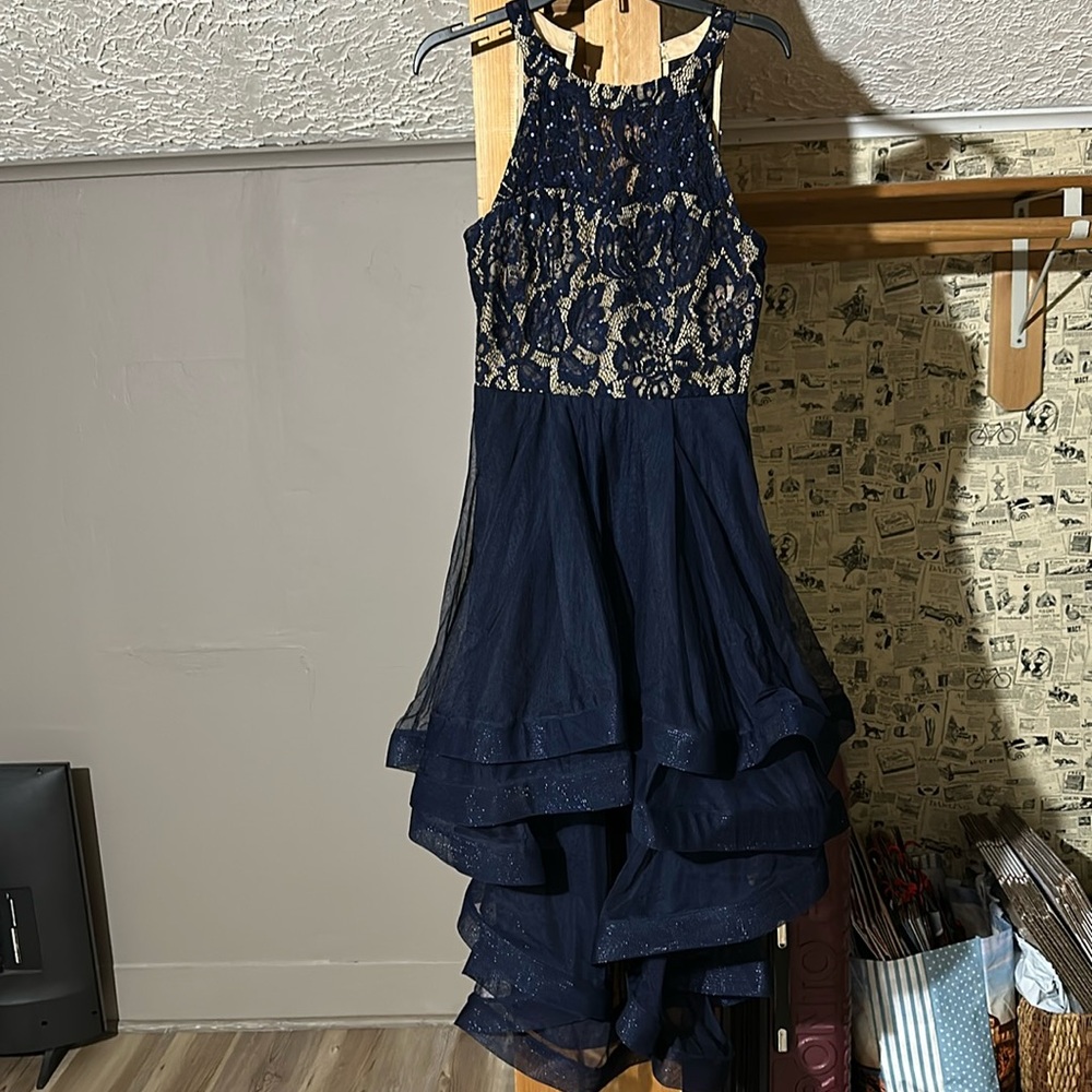 Navy blue high/low prom dress.